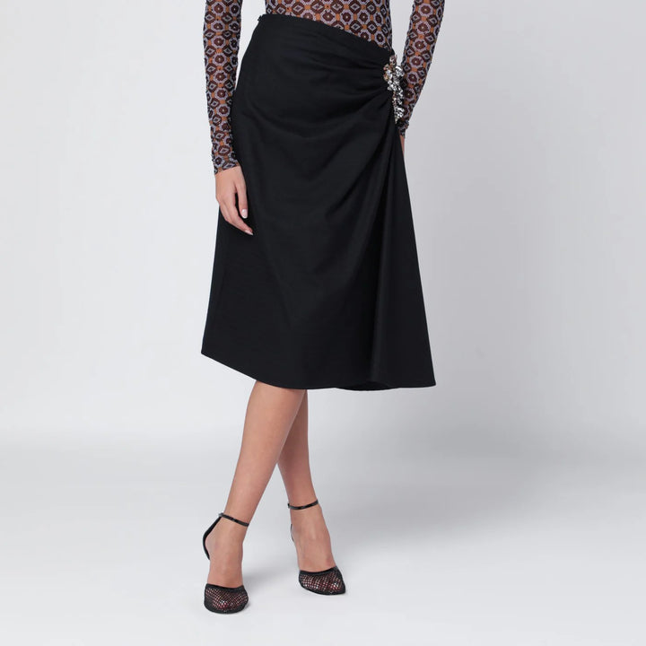 Dries Van Noten - Navy blue draped skirt with brooch