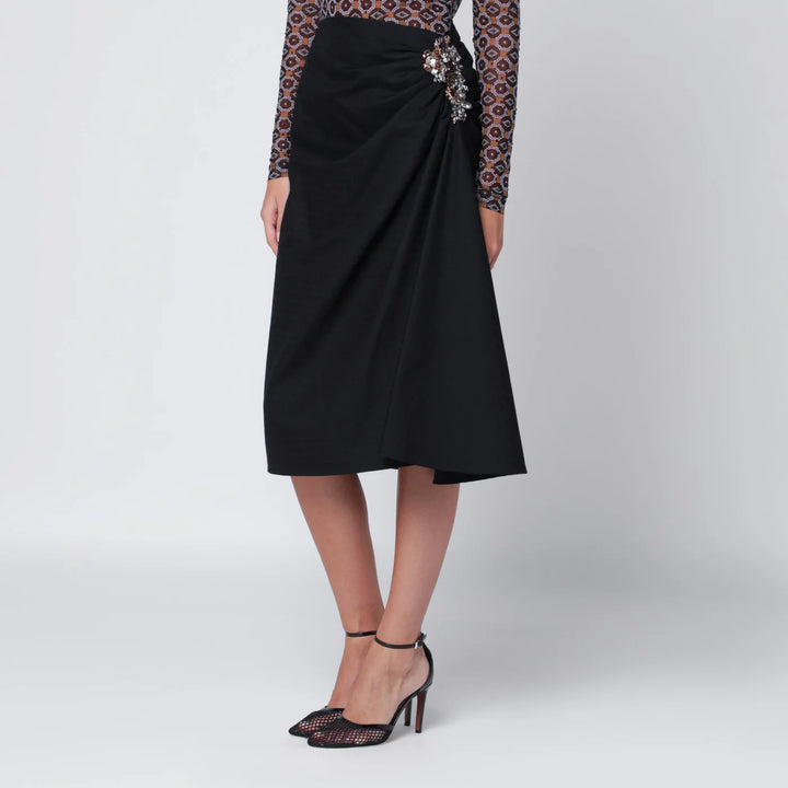 Dries Van Noten - Navy blue draped skirt with brooch
