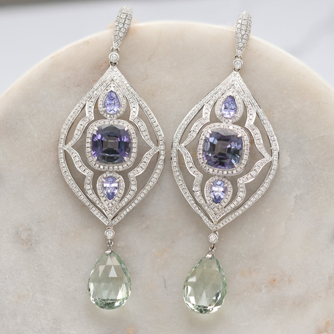 Leibish Tanzanite and Aquamarine Drop Diamond Earrings
