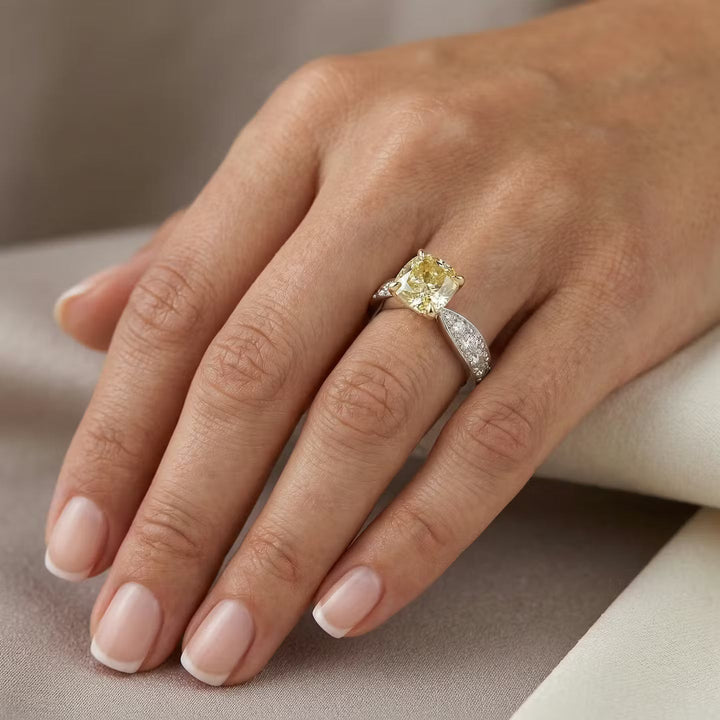 Leibish Fancy Yellow Cushion Diamond Side Stone Ring