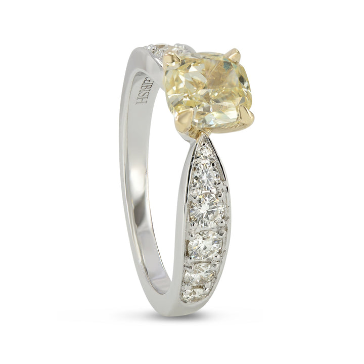 Leibish Fancy Yellow Cushion Diamond Side Stone Ring