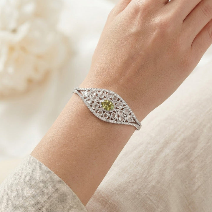 Leibish Extraordinary Grayish Greenish Yellow Oval &amp; Rose-cut Diamond Bangle