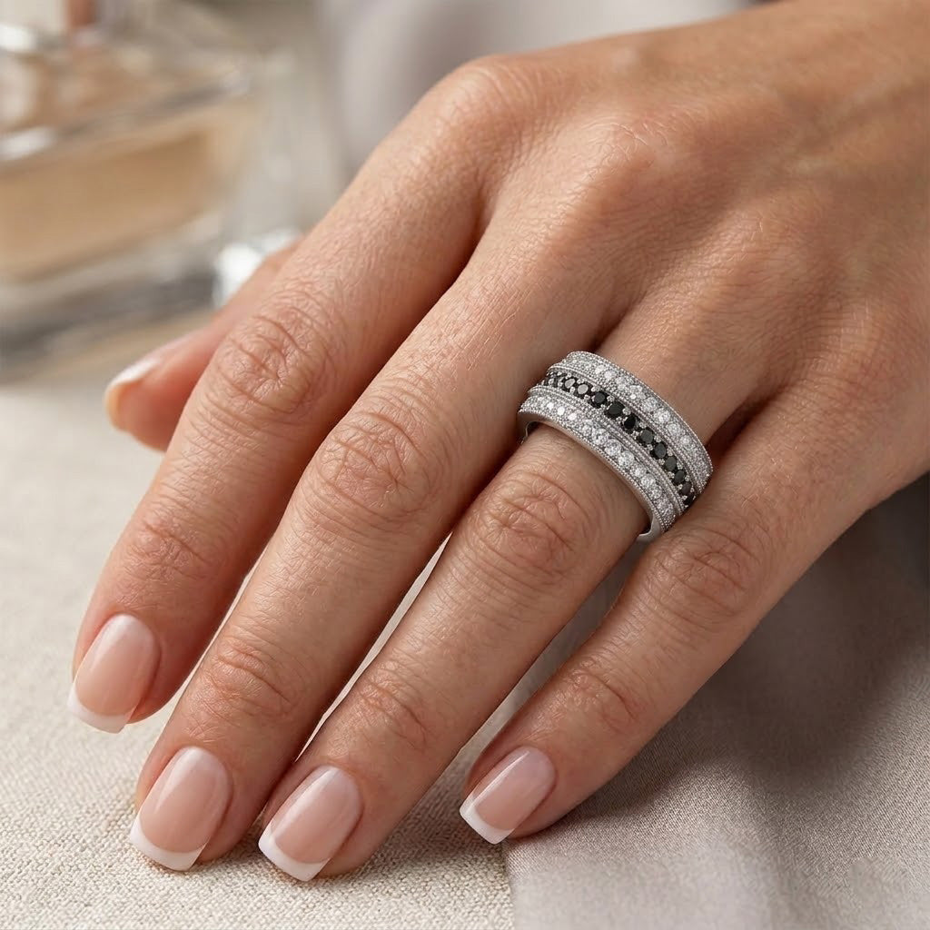 Leibish Wide Black Diamond Milgrain Band Ring