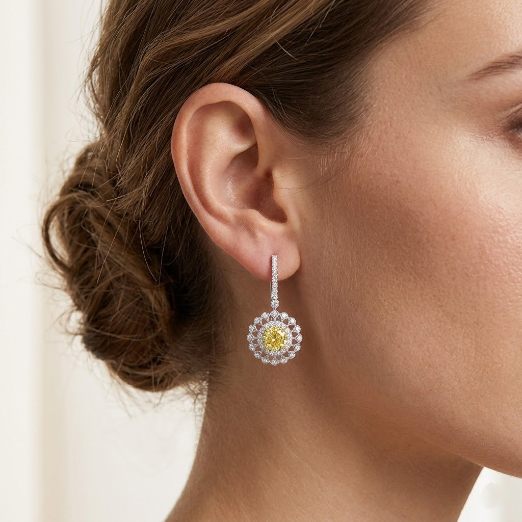 Leibish Fancy Yellow Round Brillant Halo Earrings