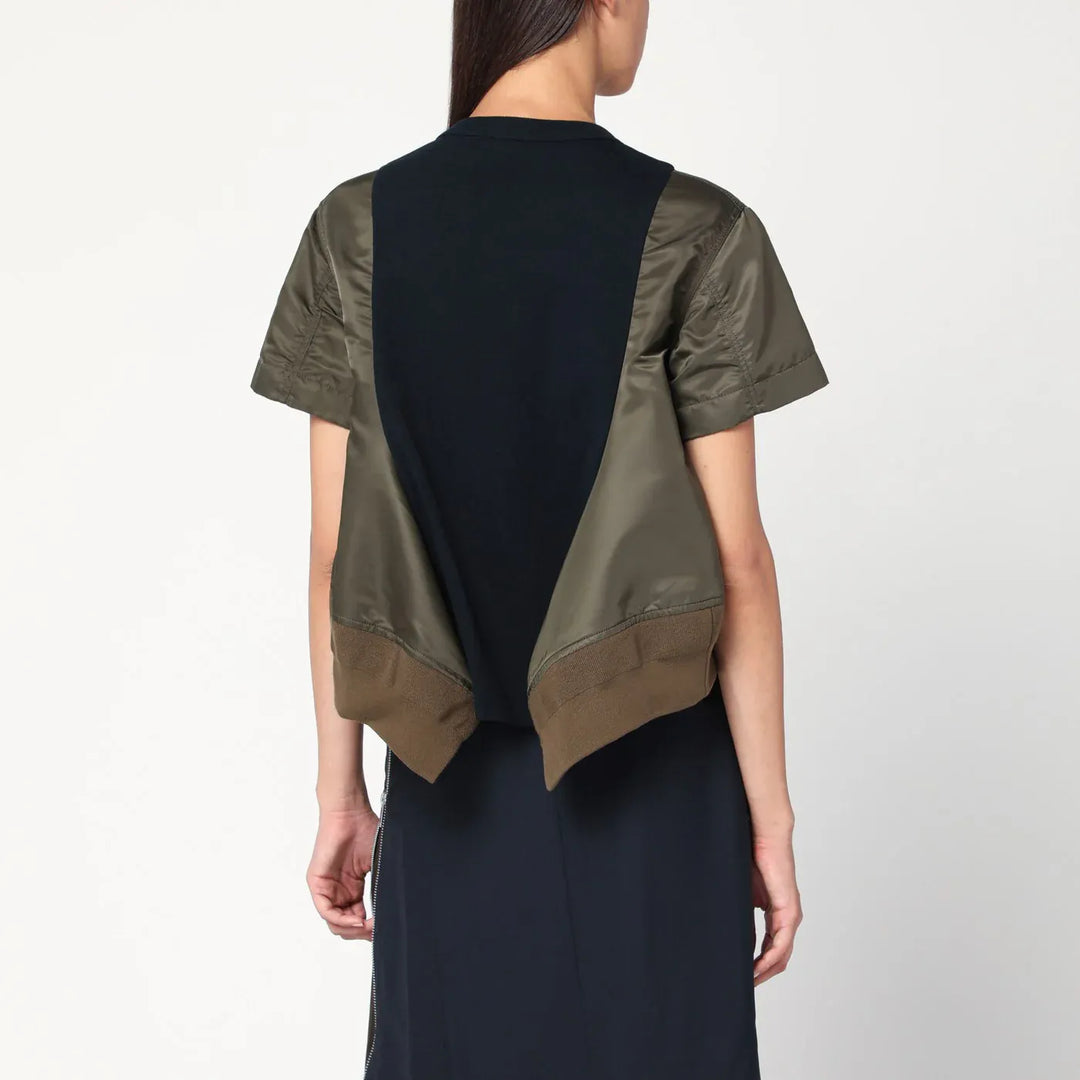 Sacai - Navy/kaki cotton and nylon T-shirt
