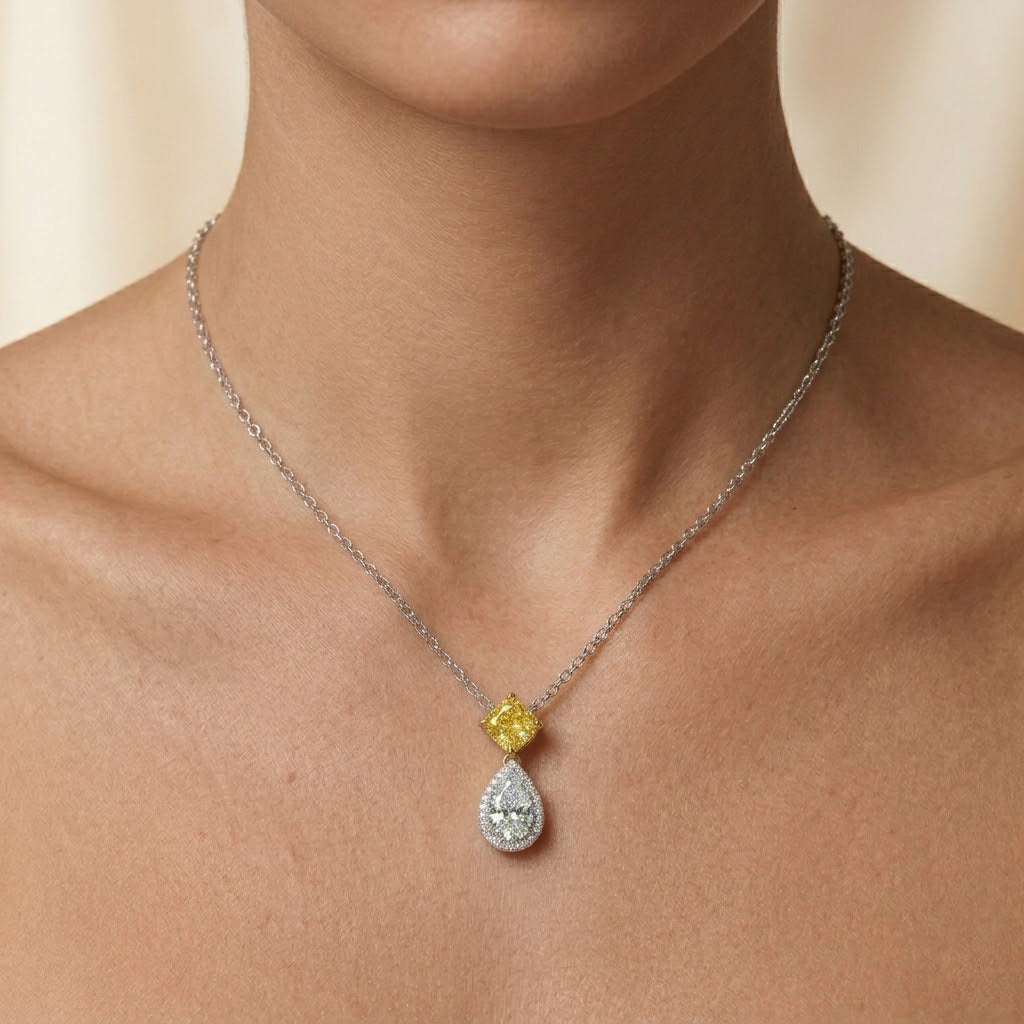 Leibish White Pear and Fancy Intense Yellow Diamond Halo Pendant