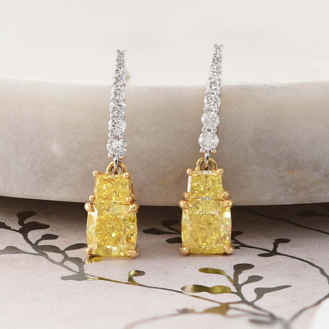 Leibish Fancy Intense Yellow Cushion and Vivid Yellow Taper Diamond Drop Earrings