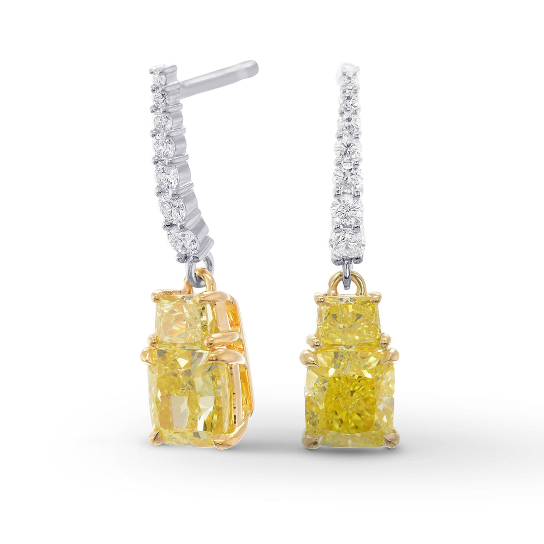 Leibish Fancy Intense Yellow Cushion and Vivid Yellow Taper Diamond Drop Earrings