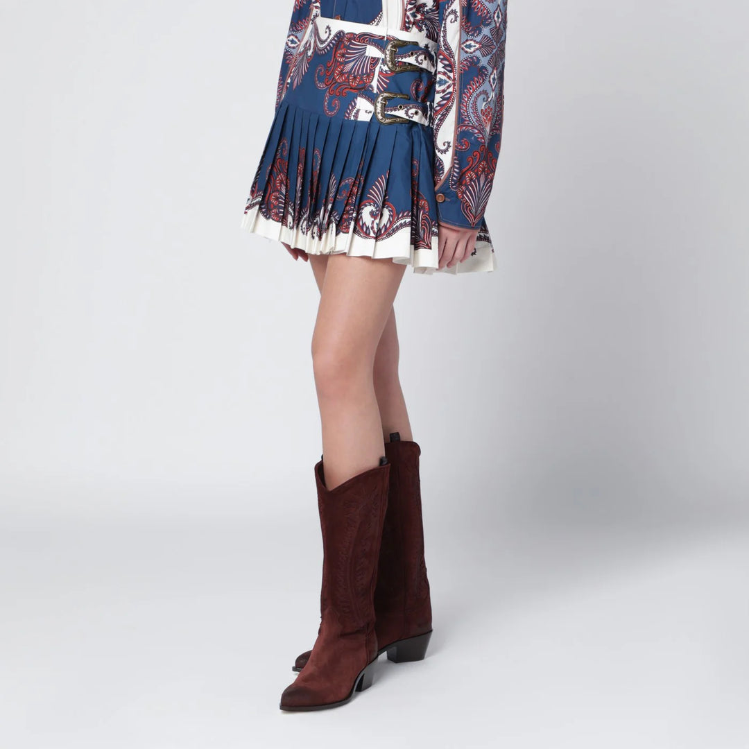 FARM Rio - Deep blue and sand pleated mini skirt with arabesque print