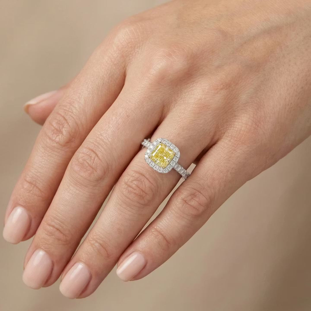 Leibish Fancy Vivid Yellow Cushion Diamond Halo Ring