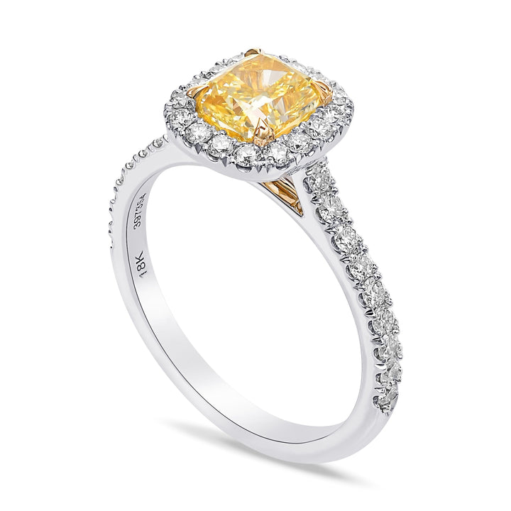 Leibish Fancy Vivid Yellow Cushion Diamond Halo Ring