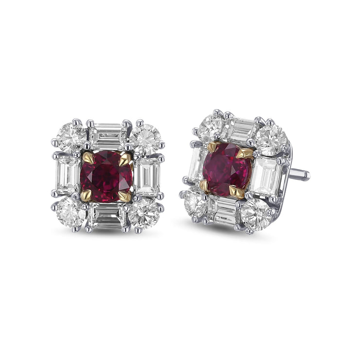 Leibish Extraordinary Round Red Ruby and Diamond Halo Stud Earrings