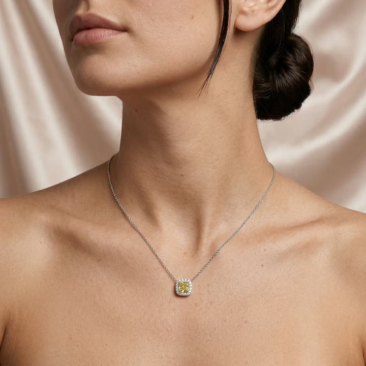 Leibish Fancy Intense Yellow Cushion Diamond Halo Pendant