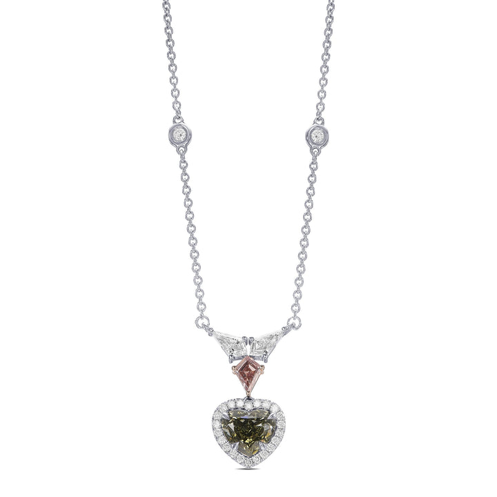Leibish Chameleon Heart and Kite Diamond Halo Drop Pendant