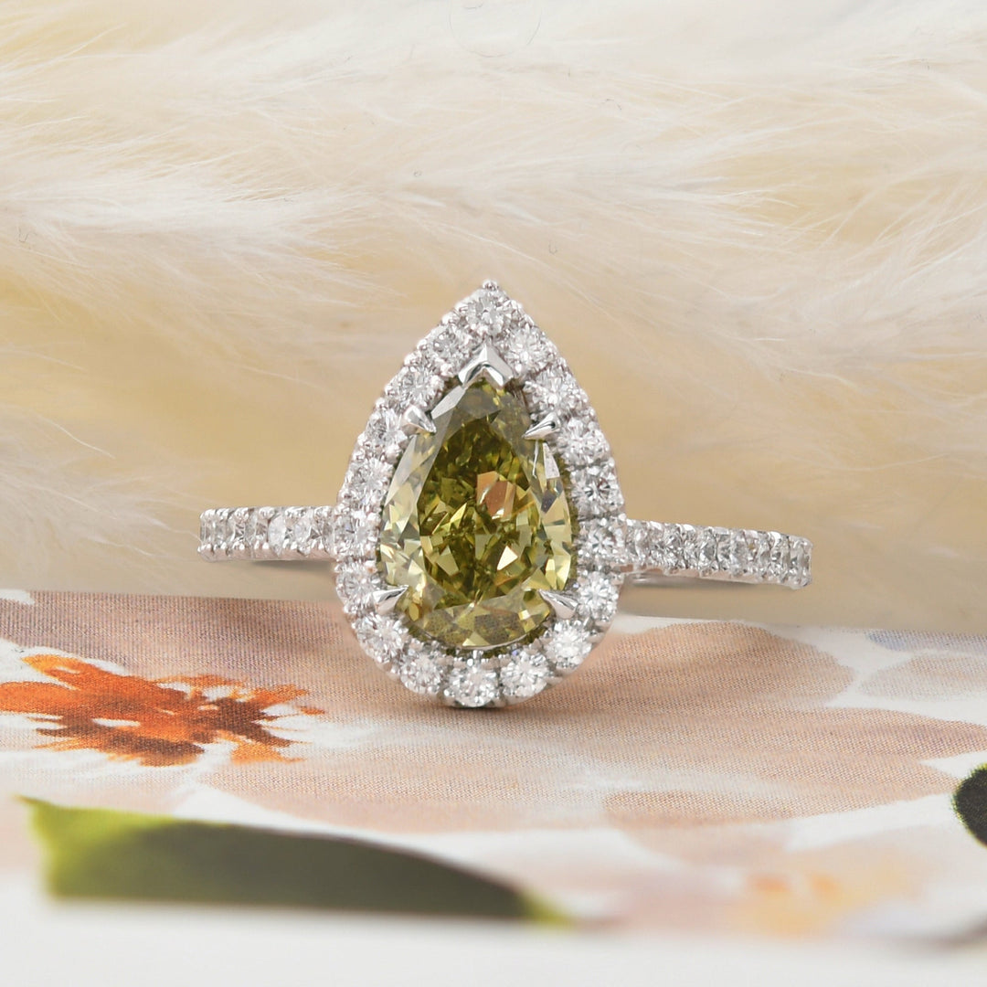 Leibish Chameleon Pear Diamond Halo Style Engagement Ring