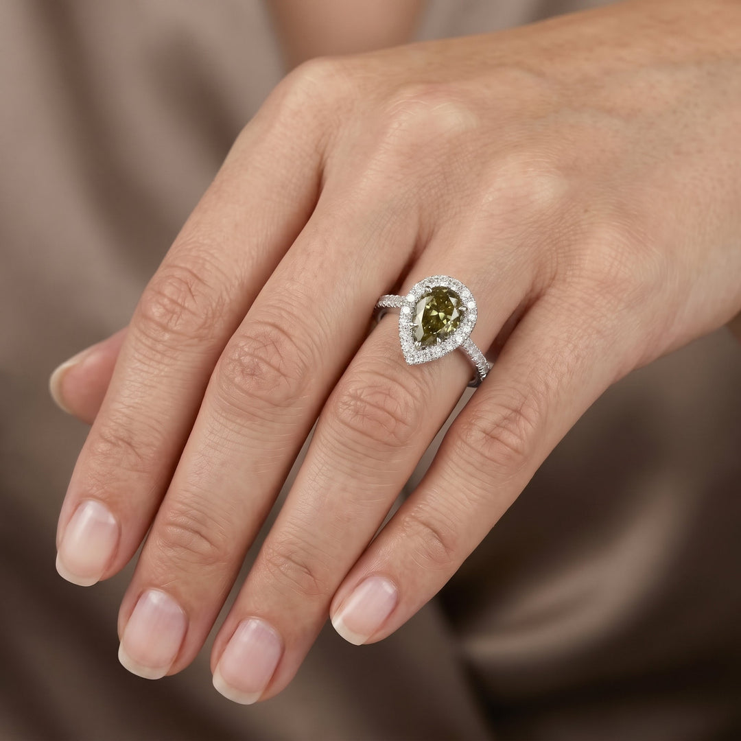 Leibish Chameleon Pear Diamond Halo Style Engagement Ring