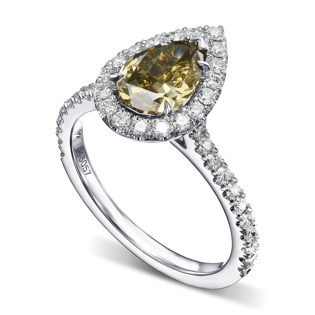 Leibish Chameleon Pear Diamond Halo Style Engagement Ring