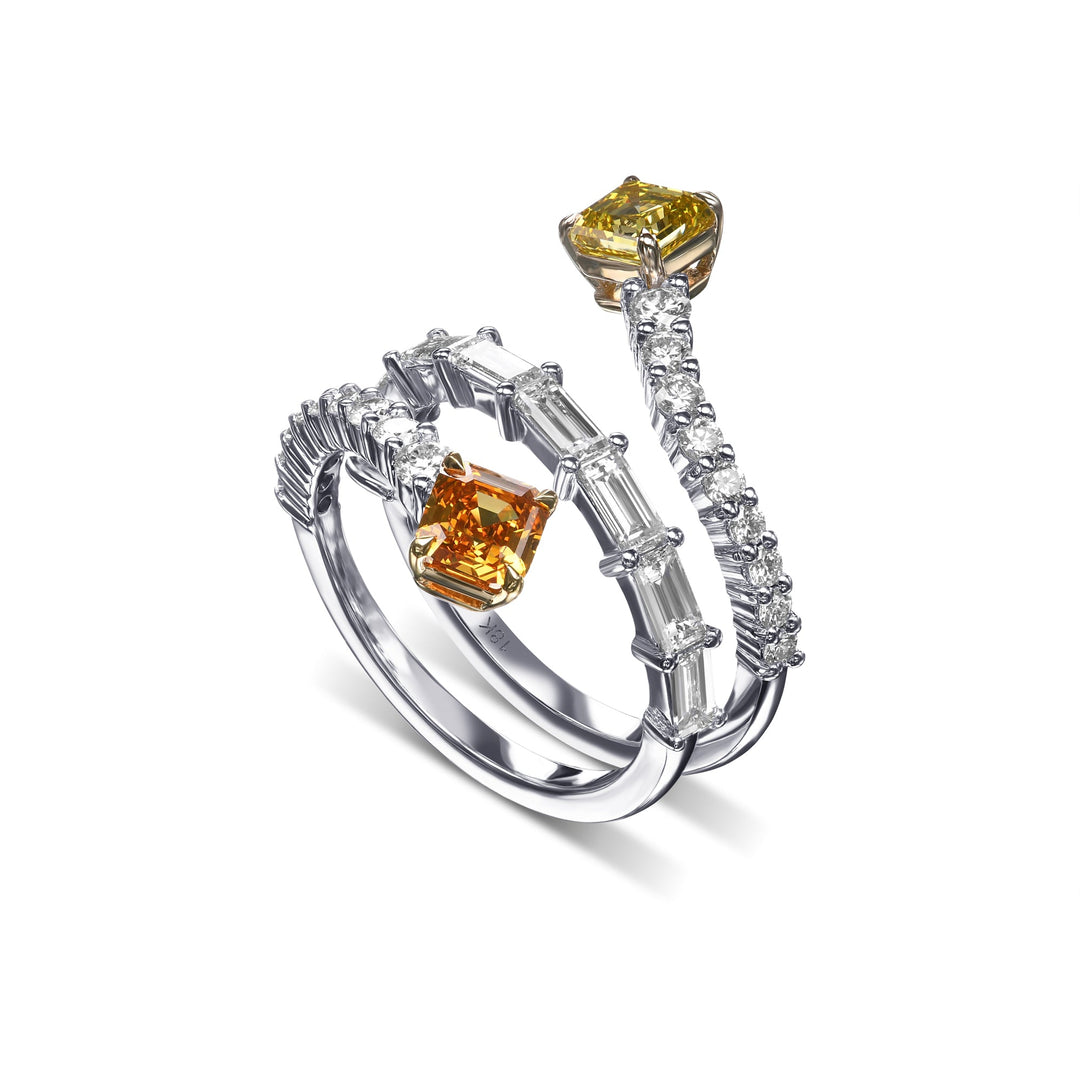 Leibish Mix Color Two-stone Crossover Diamond Ring
