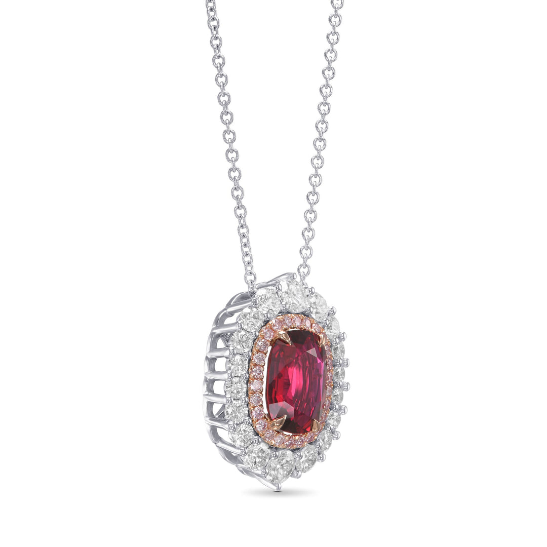 Leibish Oval Pigeon Blood Ruby and Diamond Double Halo Pendant