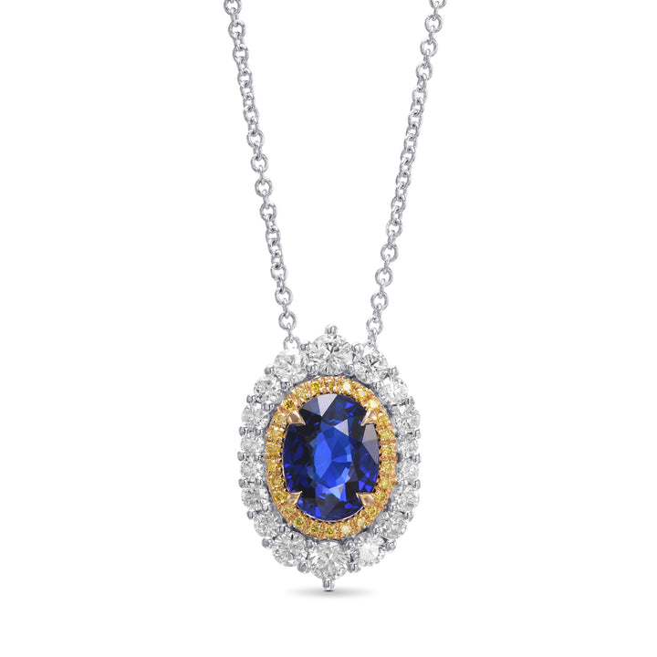 Leibish Royal Blue Oval Sapphire and Diamond Double Halo Pendant