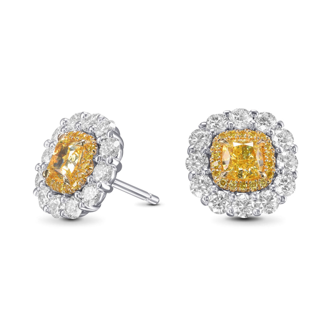 Leibish Fancy Intense Yellow Cushion Double Halo Diamond Earrings