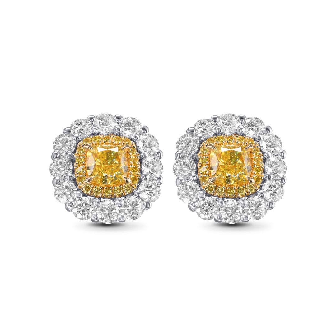 Leibish Fancy Intense Yellow Cushion Double Halo Diamond Earrings