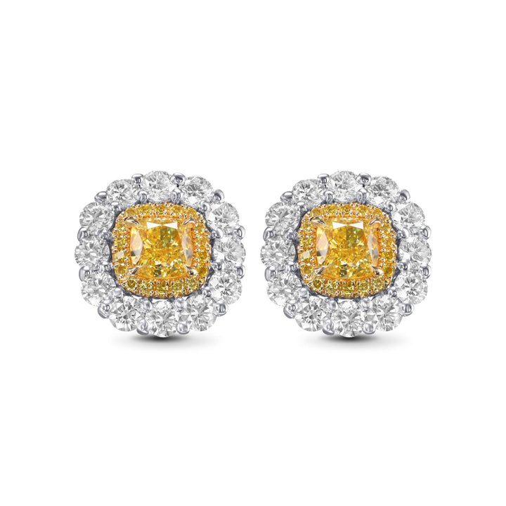 Leibish Fancy Intense Yellow Cushion Double Halo Diamond Earrings