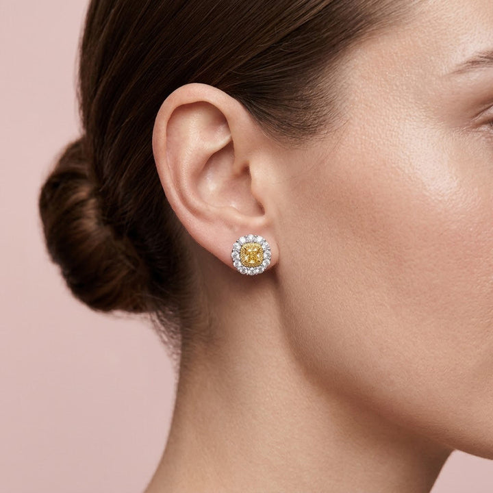 Leibish Fancy Intense Yellow Cushion Double Halo Diamond Earrings