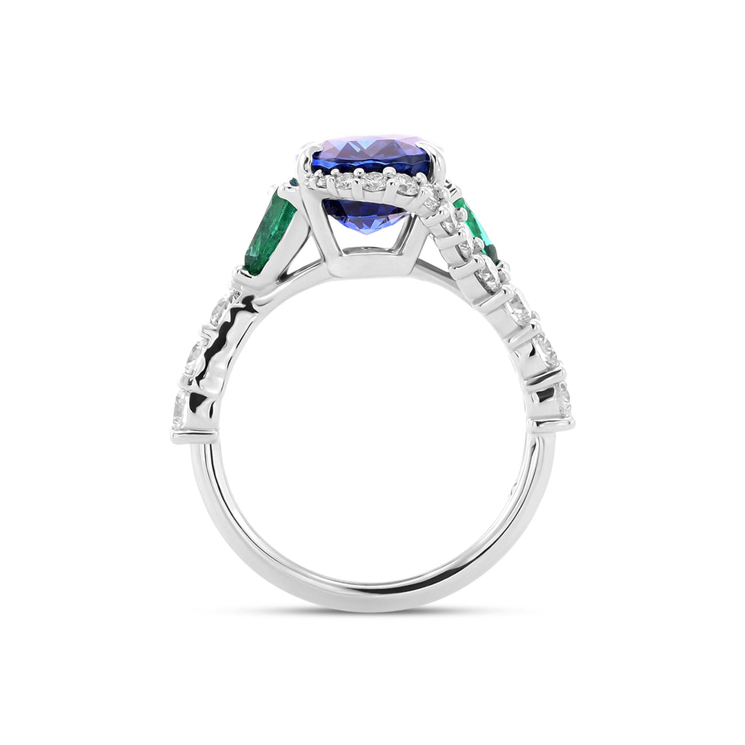 Leibish Royal Blue Oval Sapphire, Pear Emeralds, and Diamond Ring