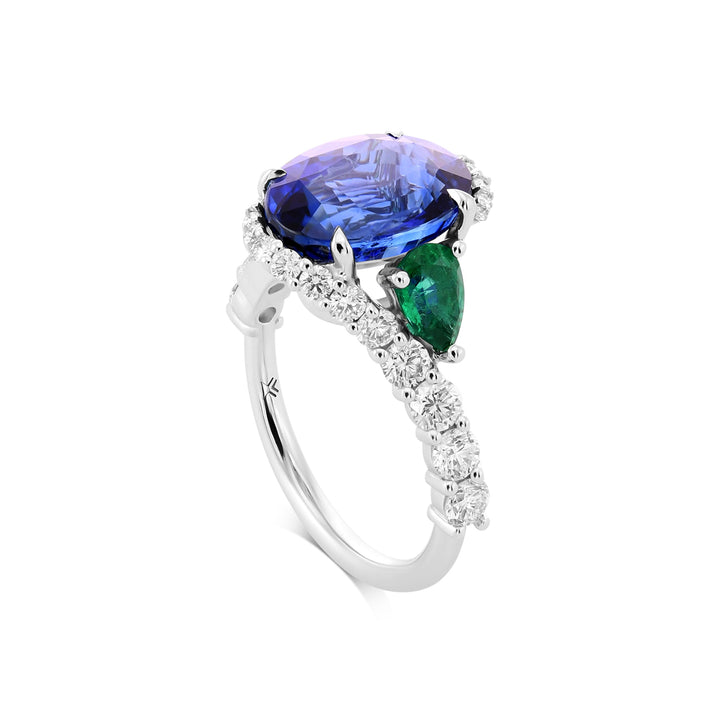 Leibish Royal Blue Oval Sapphire, Pear Emeralds, and Diamond Ring