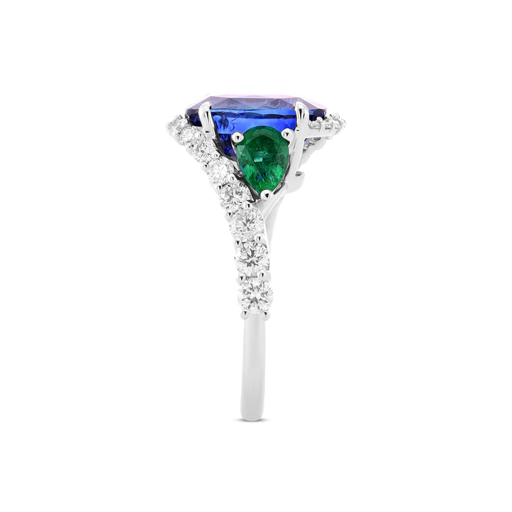 Leibish Royal Blue Oval Sapphire, Pear Emeralds, and Diamond Ring