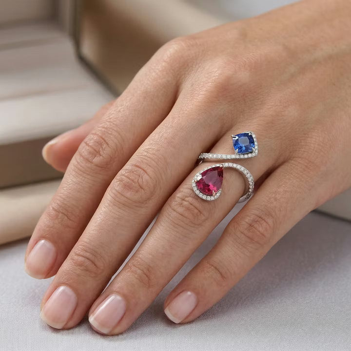 Leibish Ruby, Blue Sapphire and Diamond Two-stone Crossover Ring