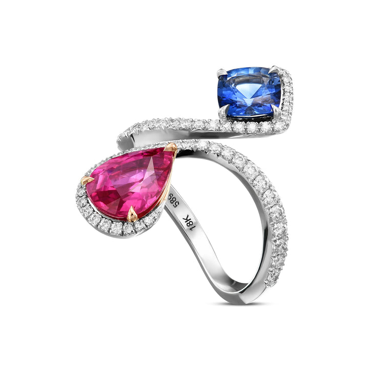 Leibish Ruby, Blue Sapphire and Diamond Two-stone Crossover Ring