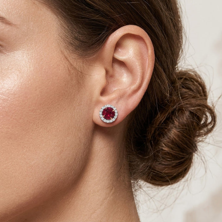 Leibish Round Red Ruby and Diamond Halo Earrings