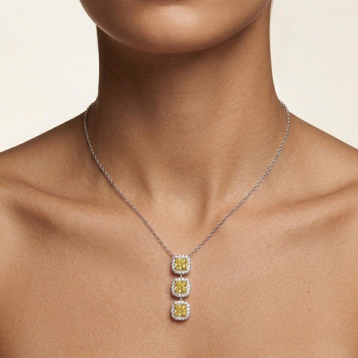 Leibish Fancy Intense Yellow Cushion 3 Stone Diamond Drop Halo Pendant