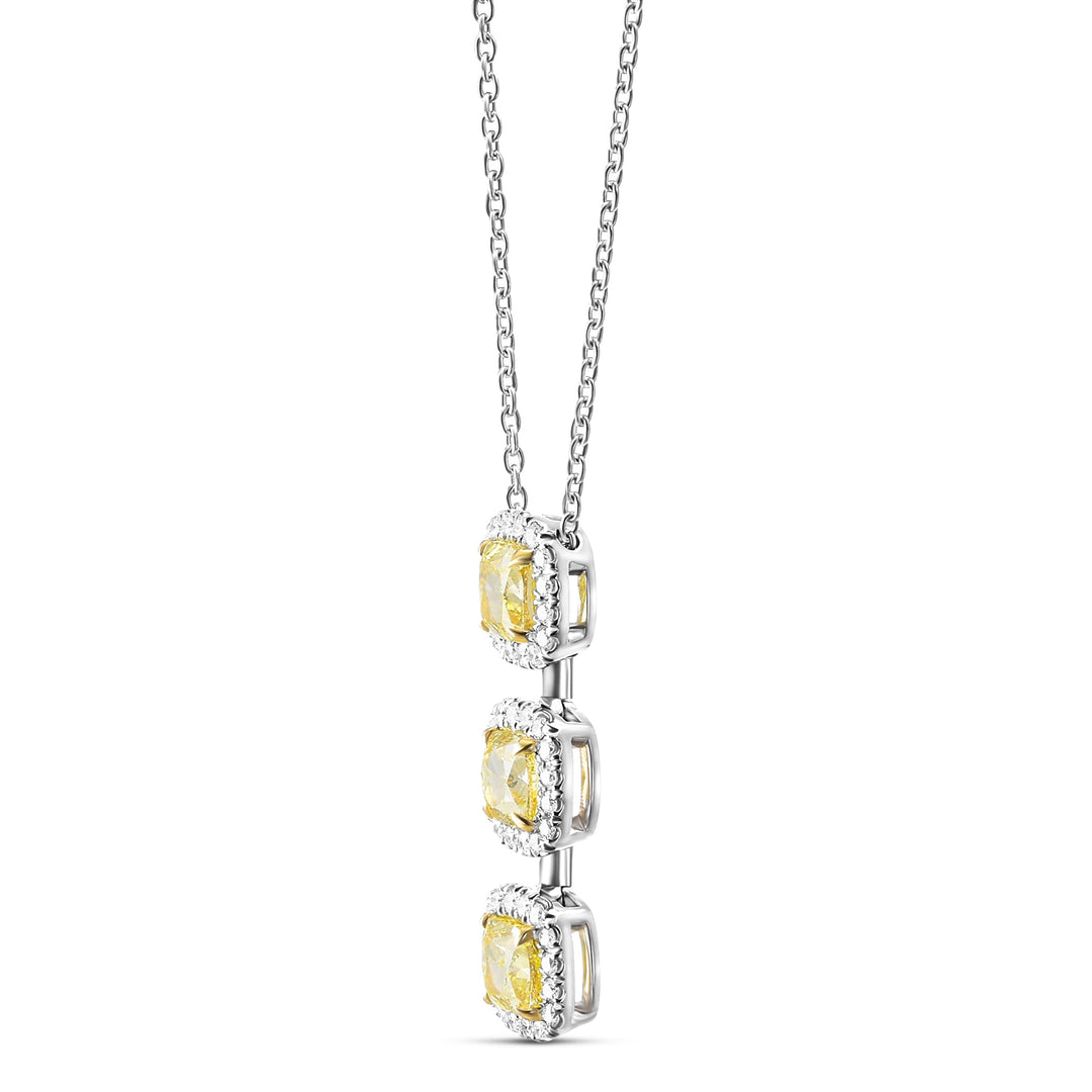 Leibish Fancy Intense Yellow Cushion 3 Stone Diamond Drop Halo Pendant