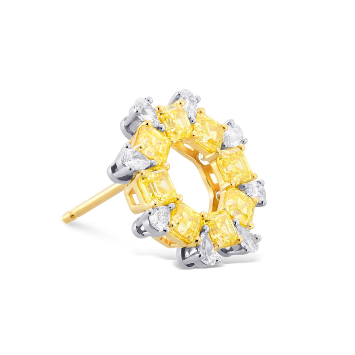 Leibish Fancy Intense Yellow Asscher and Pear Diamond Earrings.