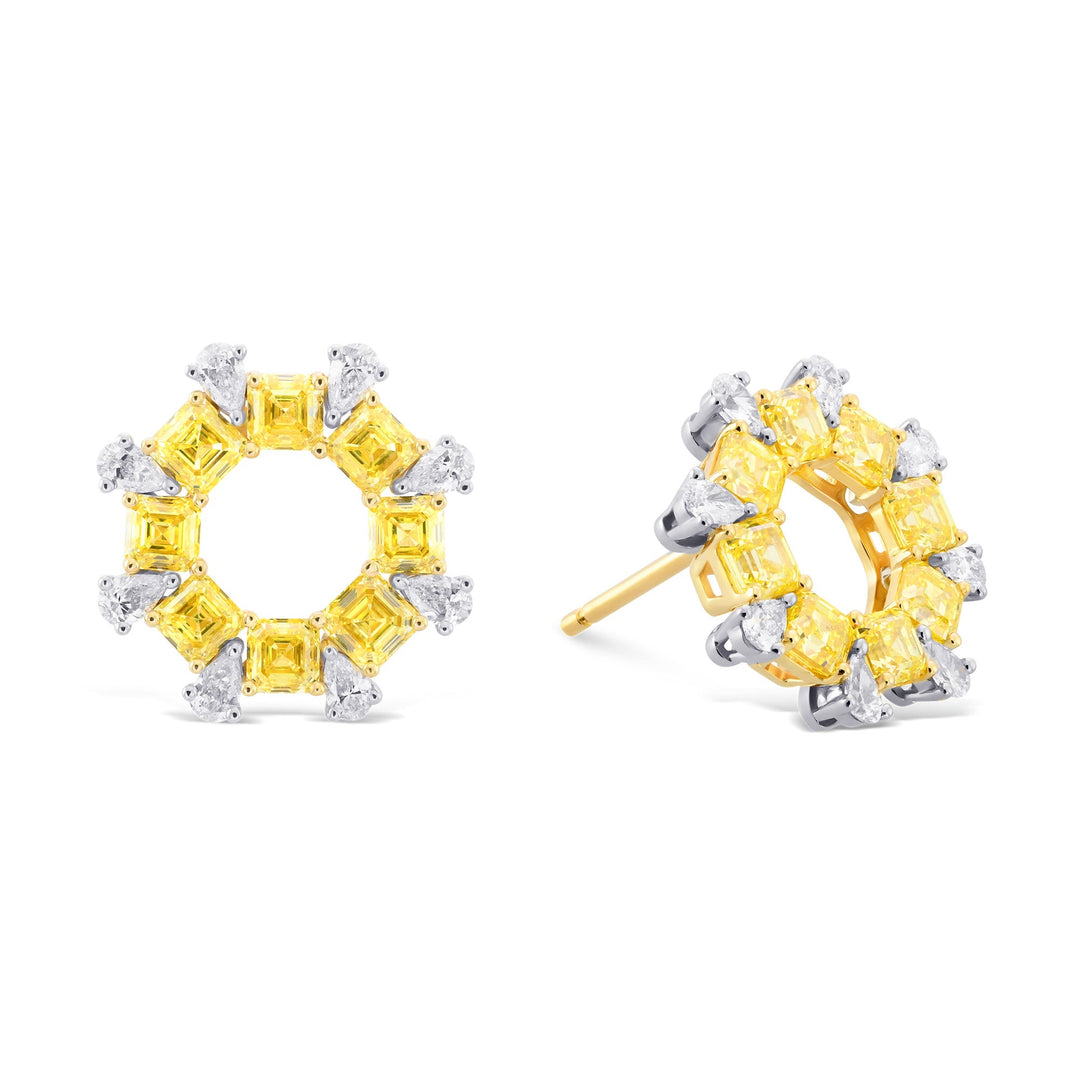 Leibish Fancy Intense Yellow Asscher and Pear Diamond Earrings.