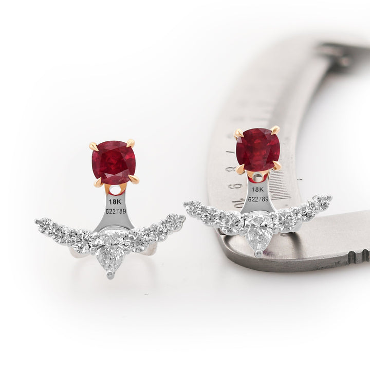 Leibish Red Ruby Studs and Diamond Ear Climbers