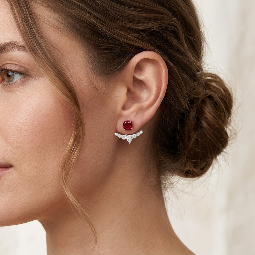 Leibish Red Ruby Studs and Diamond Ear Climbers