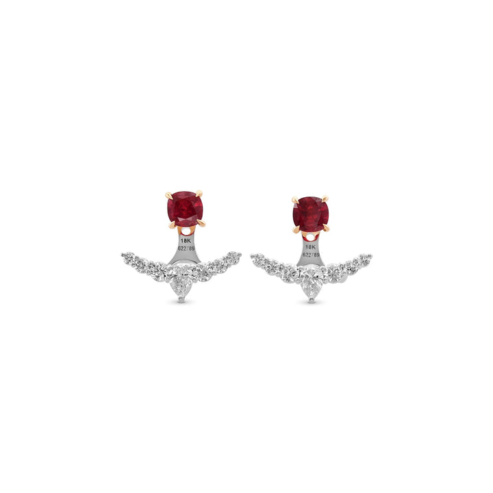 Leibish Red Ruby Studs and Diamond Ear Climbers