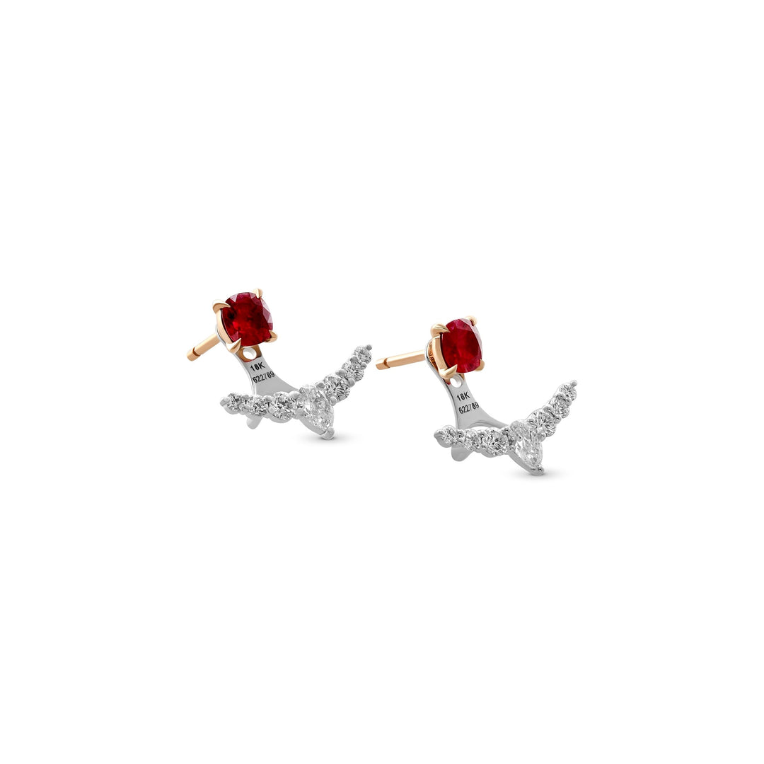 Leibish Red Ruby Studs and Diamond Ear Climbers