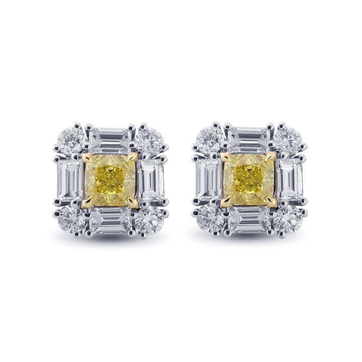 Leibish Extraordinary Cushion Fancy Intense Yellow Diamond Halo Stud Earrings