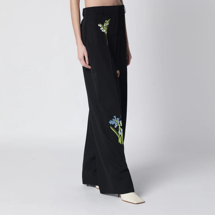 Stella McCartney - Black wool trousers with floral embroidery