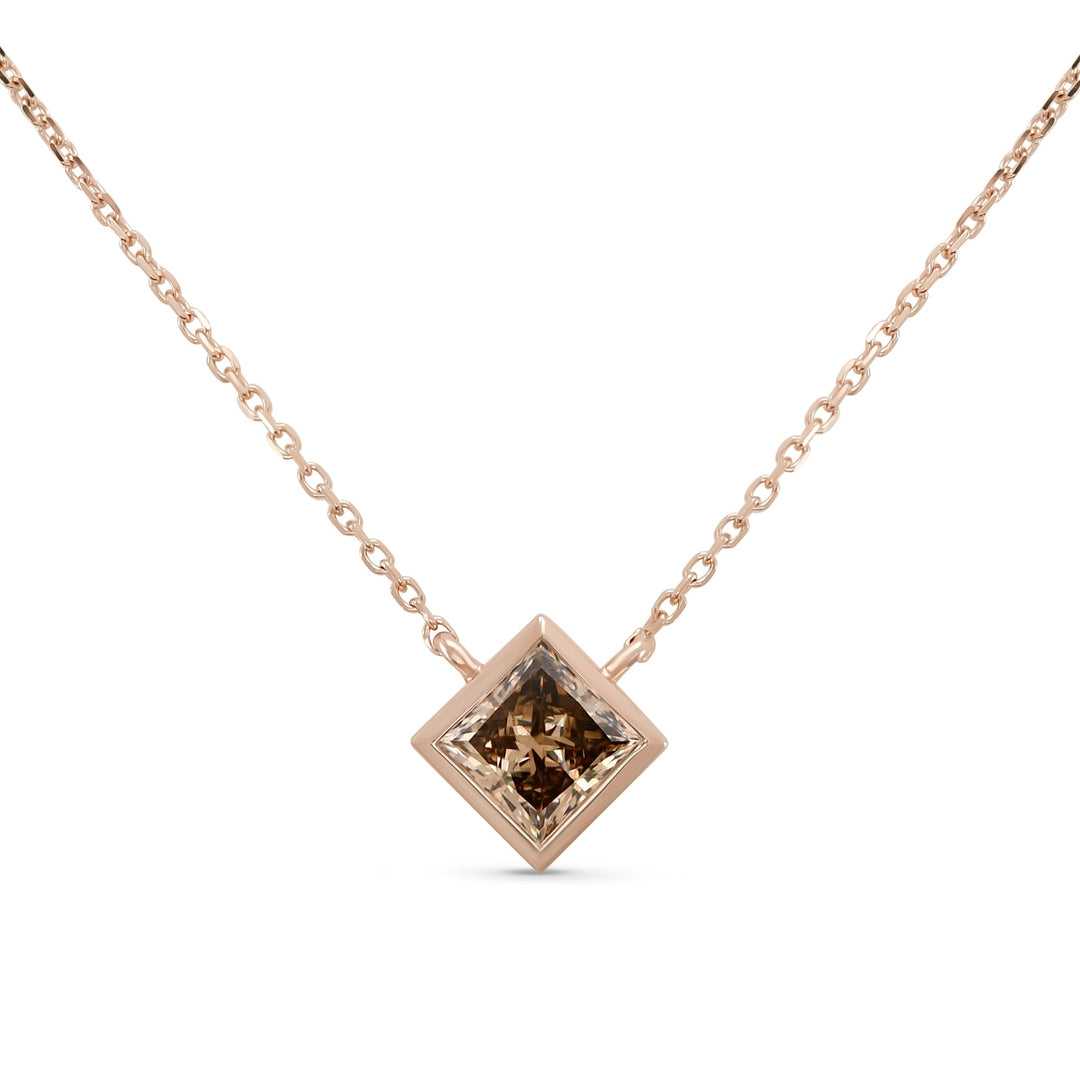 Leibish Fancy Yellow Brown Princess Bezel Solitaire Diamond Pendant