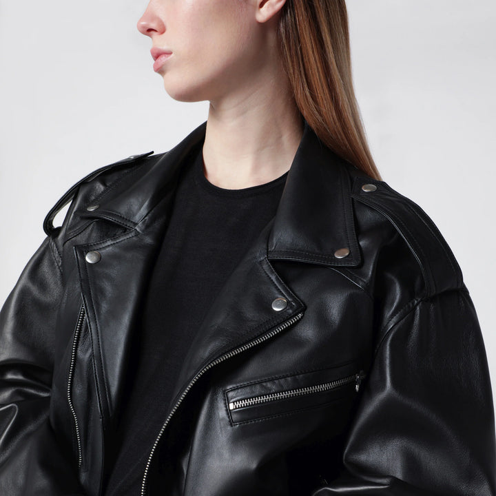 Sword 6644 - Black balloon leather bomber jacket