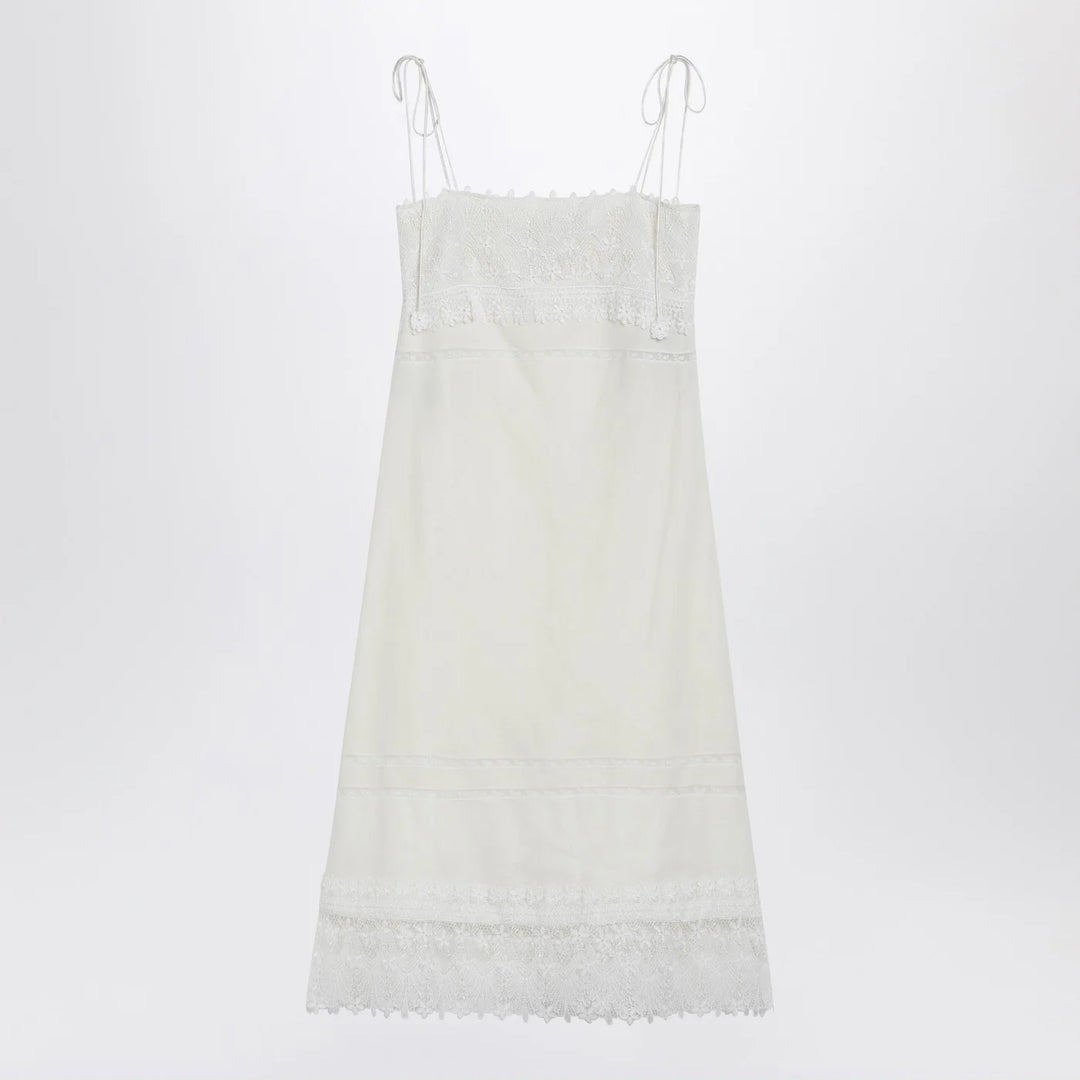 Valentino - Ivory linen midi dress with Sangallo embroidery