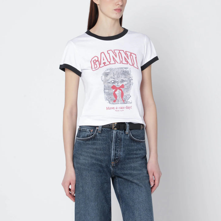 GANNI - White cropped T-shirt with logo print