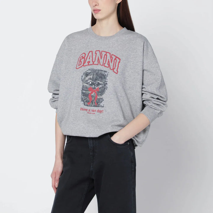 GANNI - Grey Kitty sweatshirt with logo print Brand Shirts &amp; Tops XXS