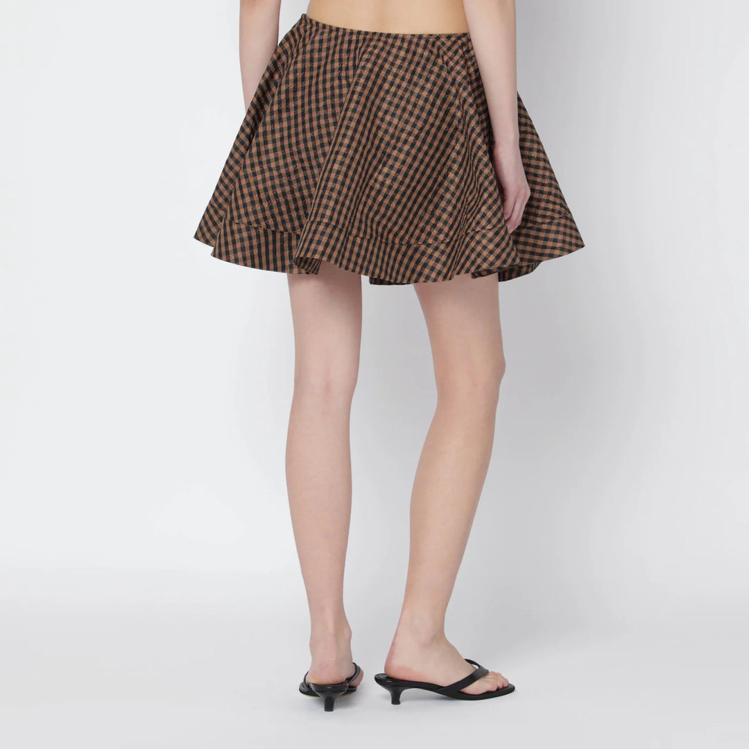 GANNI - Brown/black gingham flared mini skirt